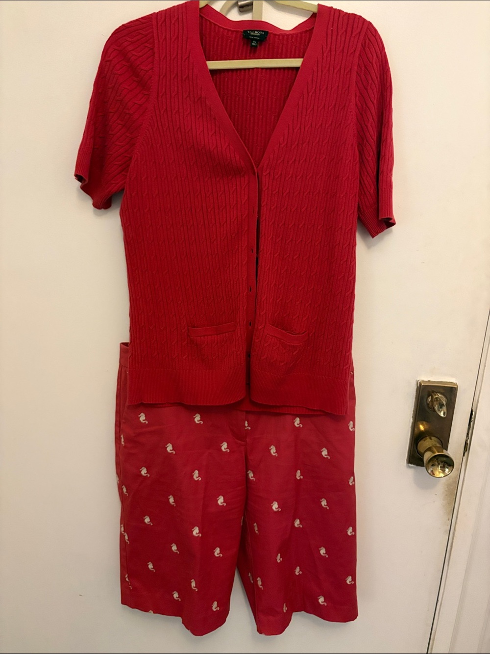 Talbots Red Short-Sleeve Knit Cardigan and Printed Shorts Set